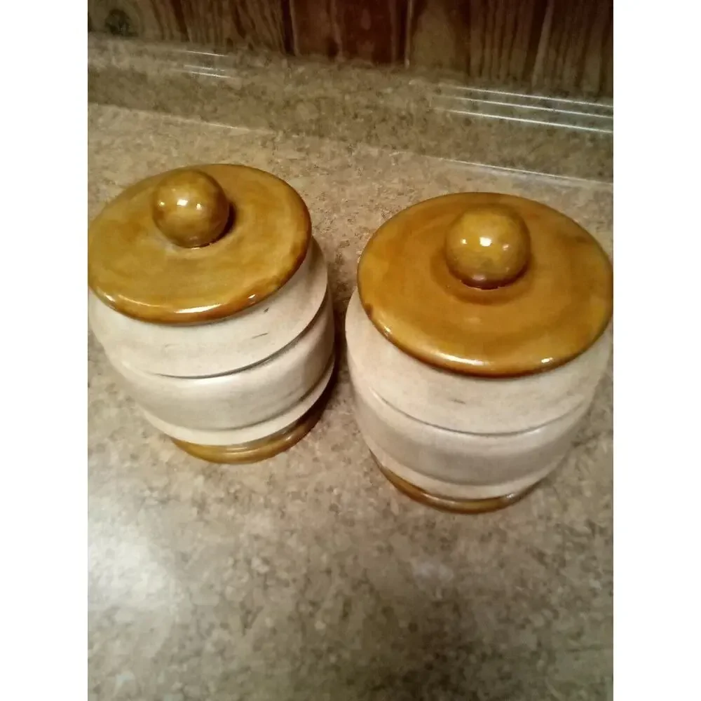 poubelle de table Vintage Beige Brown Pottery Canister Jar Set